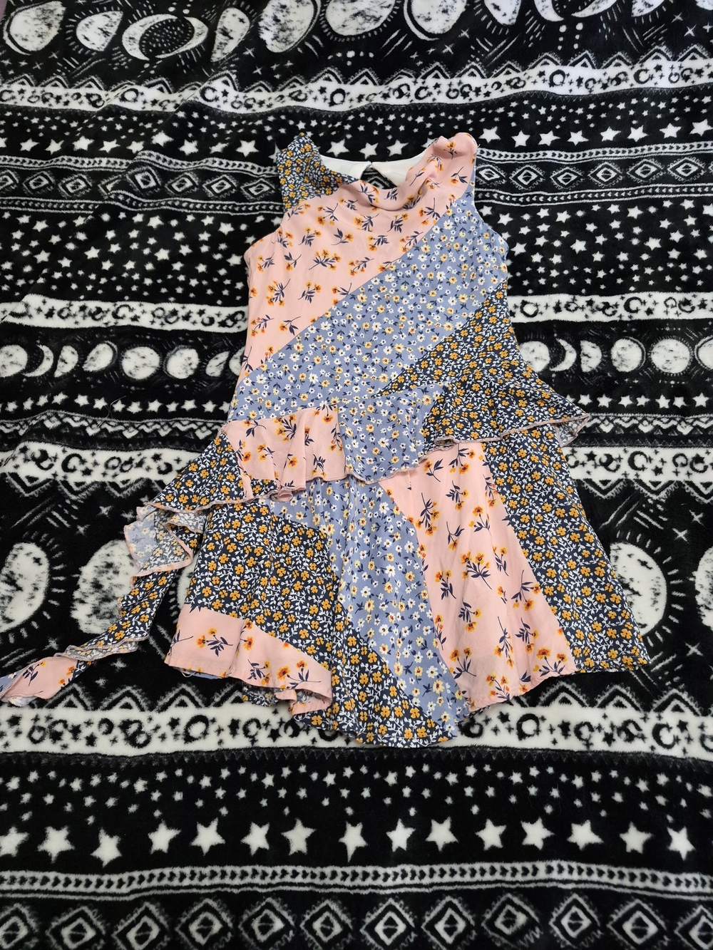 Sara Sara Pink & Blue Floral Patchwork Ruffled Dress